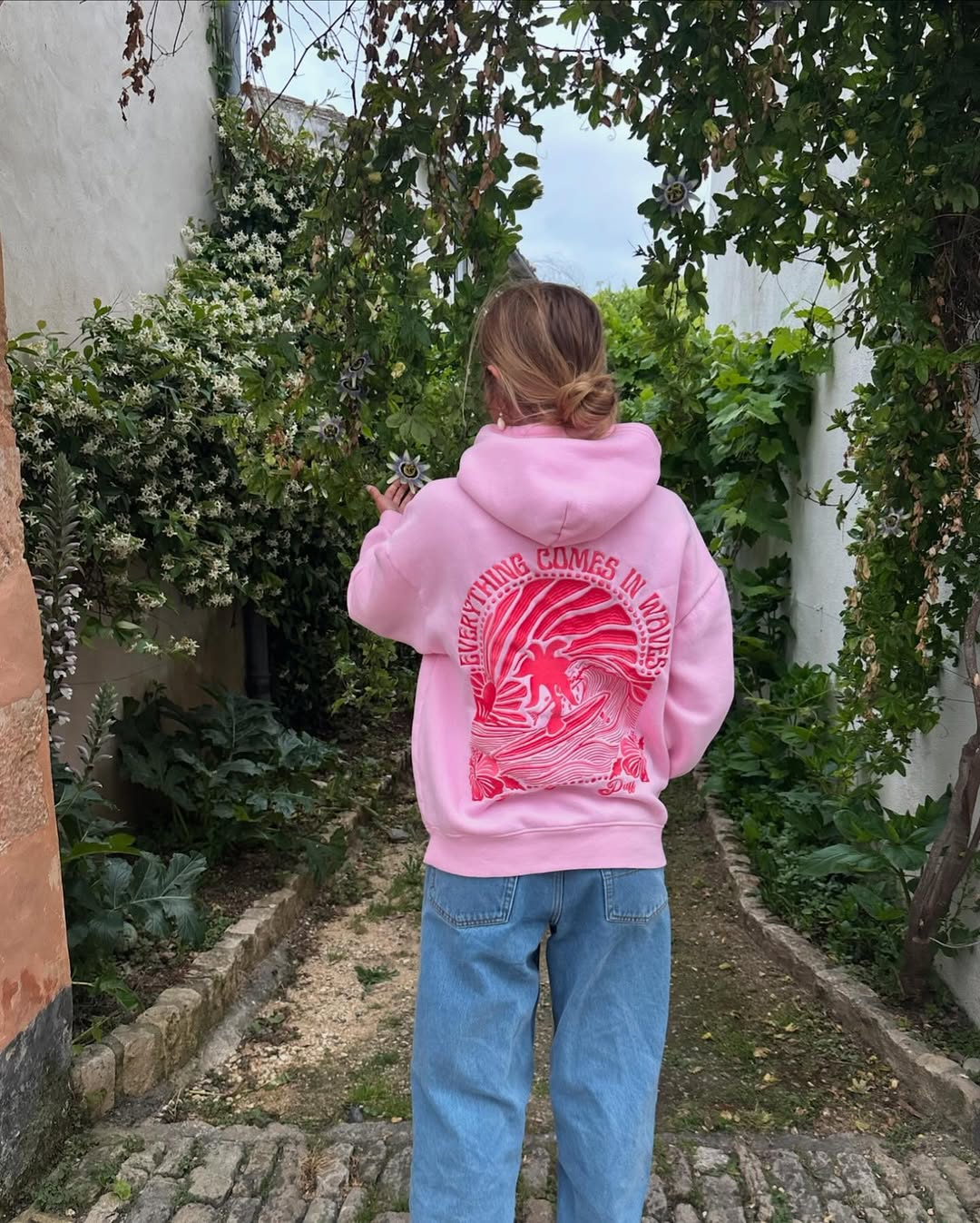 "Everything Comes in Waves” Pink Palm Puff Hoodie