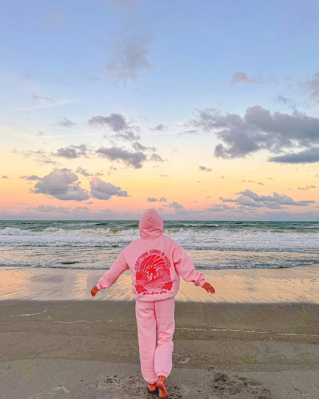 "Everything Comes in Waves” Pink Palm Puff Hoodie