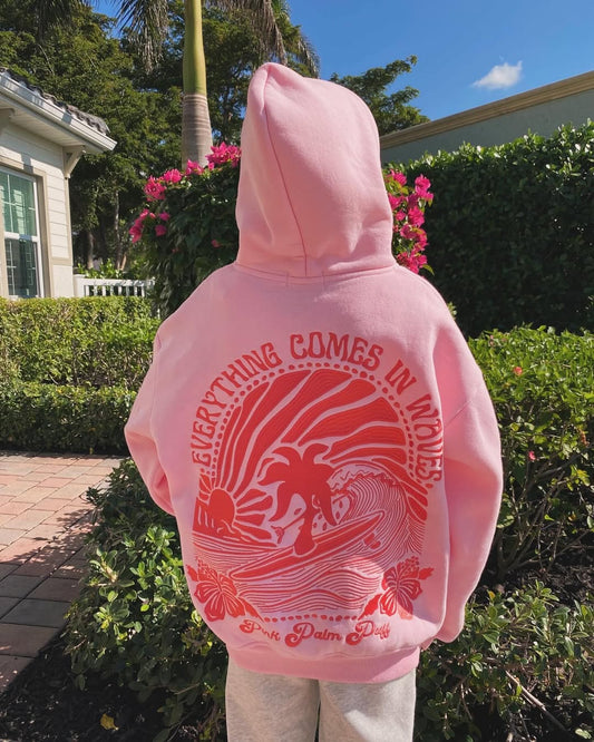 "Everything Comes in Waves” Pink Palm Puff Hoodie