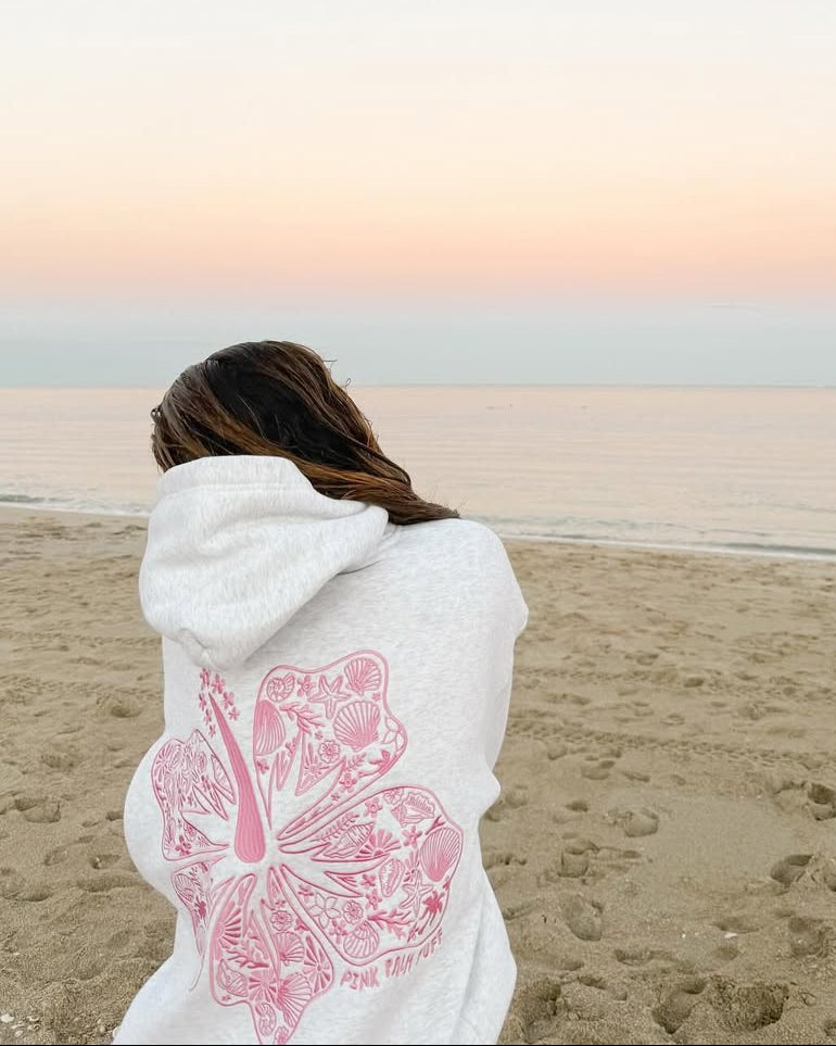 "Hawaii Hibiscus" Heather Cloud - Pink Palm Puff Hoodie