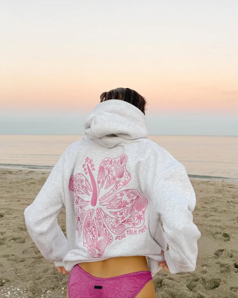 "Hawaii Hibiscus" Heather Cloud - Pink Palm Puff Hoodie