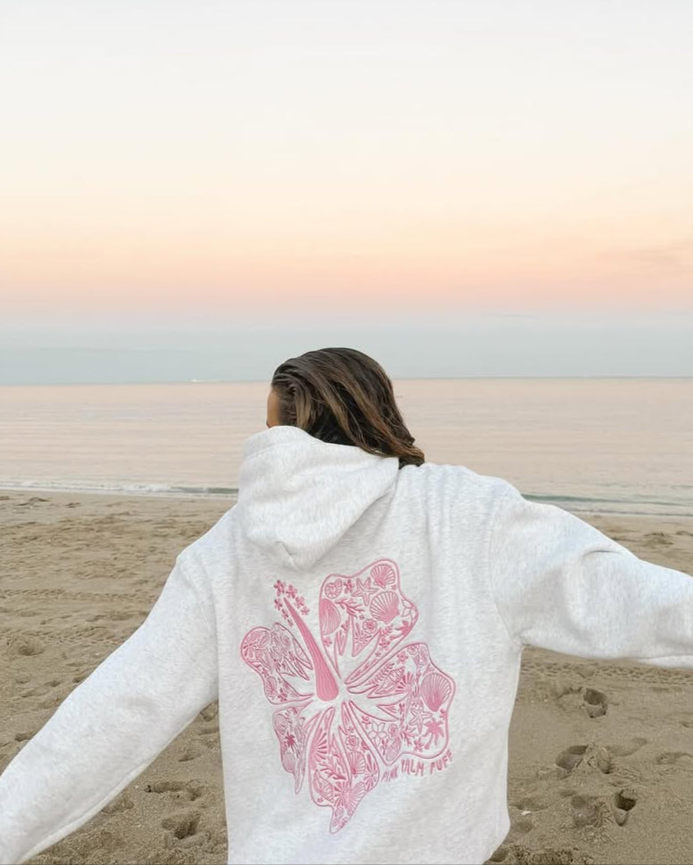 "Hawaii Hibiscus" Heather Cloud - Pink Palm Puff Hoodie